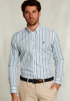 Hot River Woods Slim fit gestreept hemd groen/blauw -