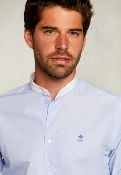 Best River Woods Slim fit gestreept hemd henley kraag blauw/wit -
