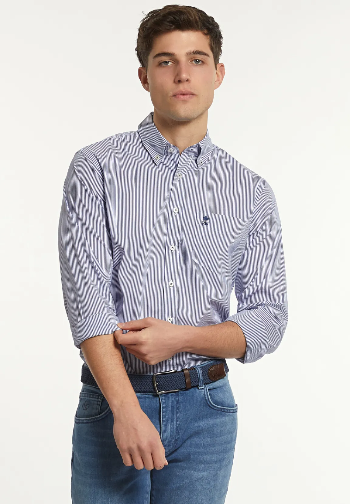 Best River Woods Slim fit gestreept performance stretch hemd blauw/wit -