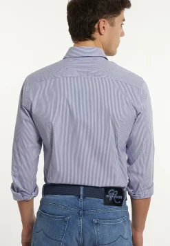 Best River Woods Slim fit gestreept performance stretch hemd blauw/wit -