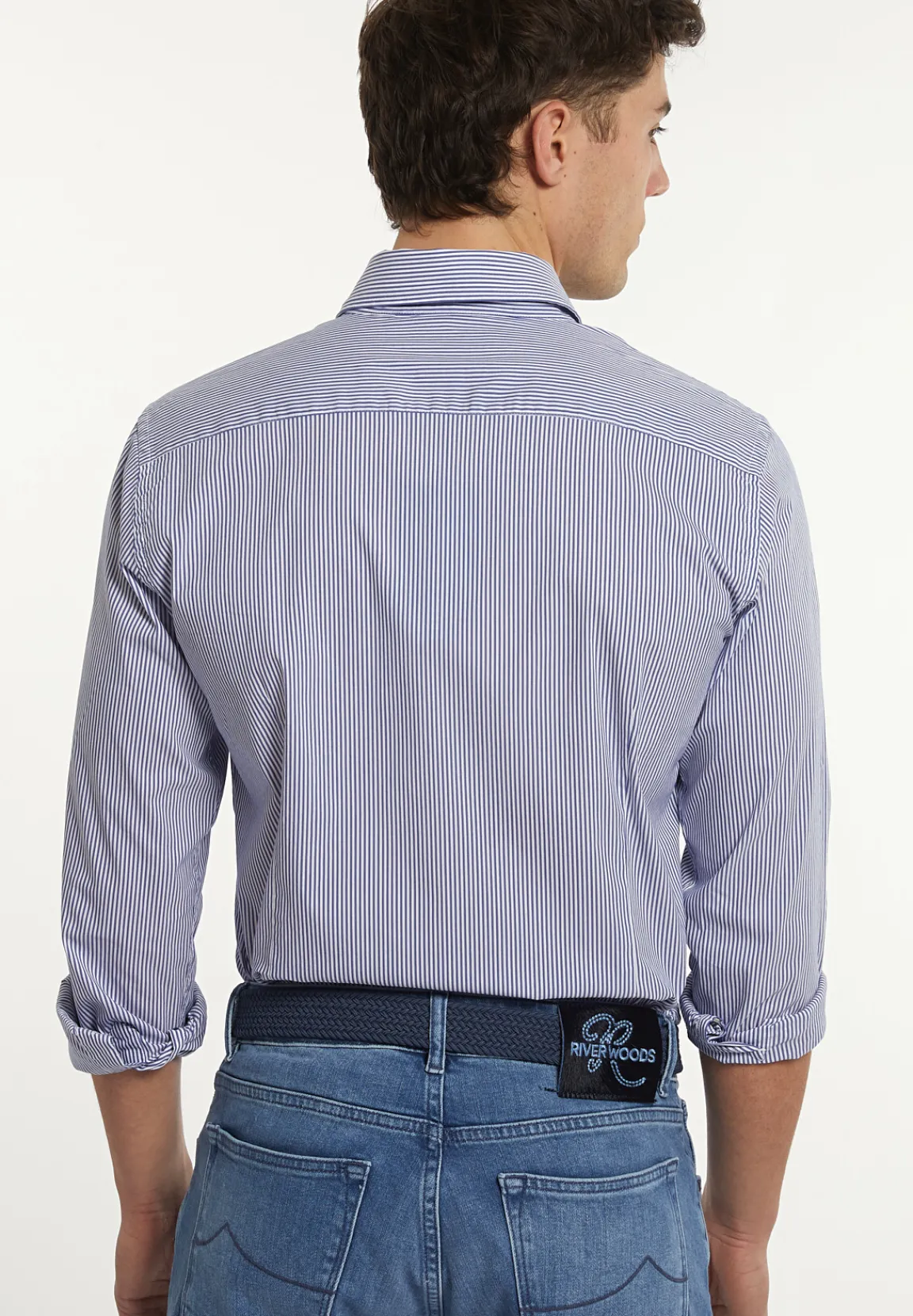 Best River Woods Slim fit gestreept performance stretch hemd blauw/wit -