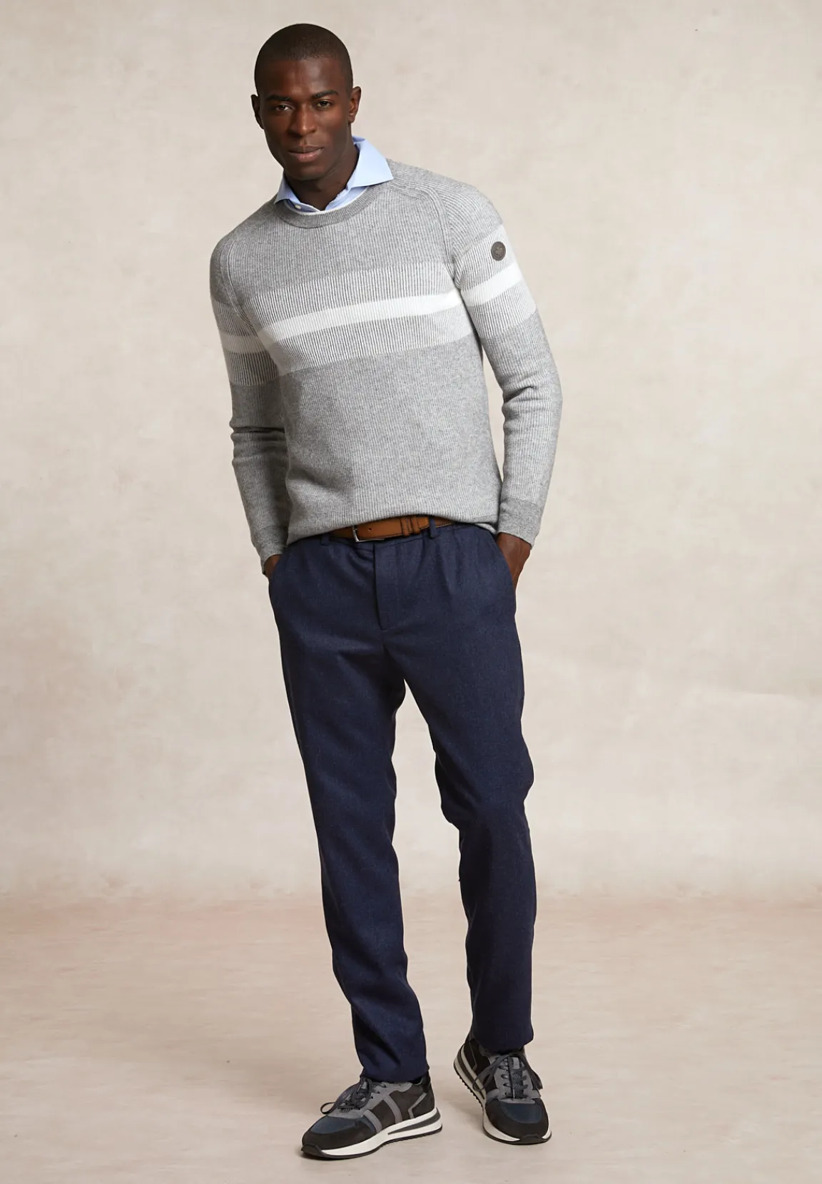 Hot River Woods Slim fit gestreepte wol-kasjmier trui mid grey mix -