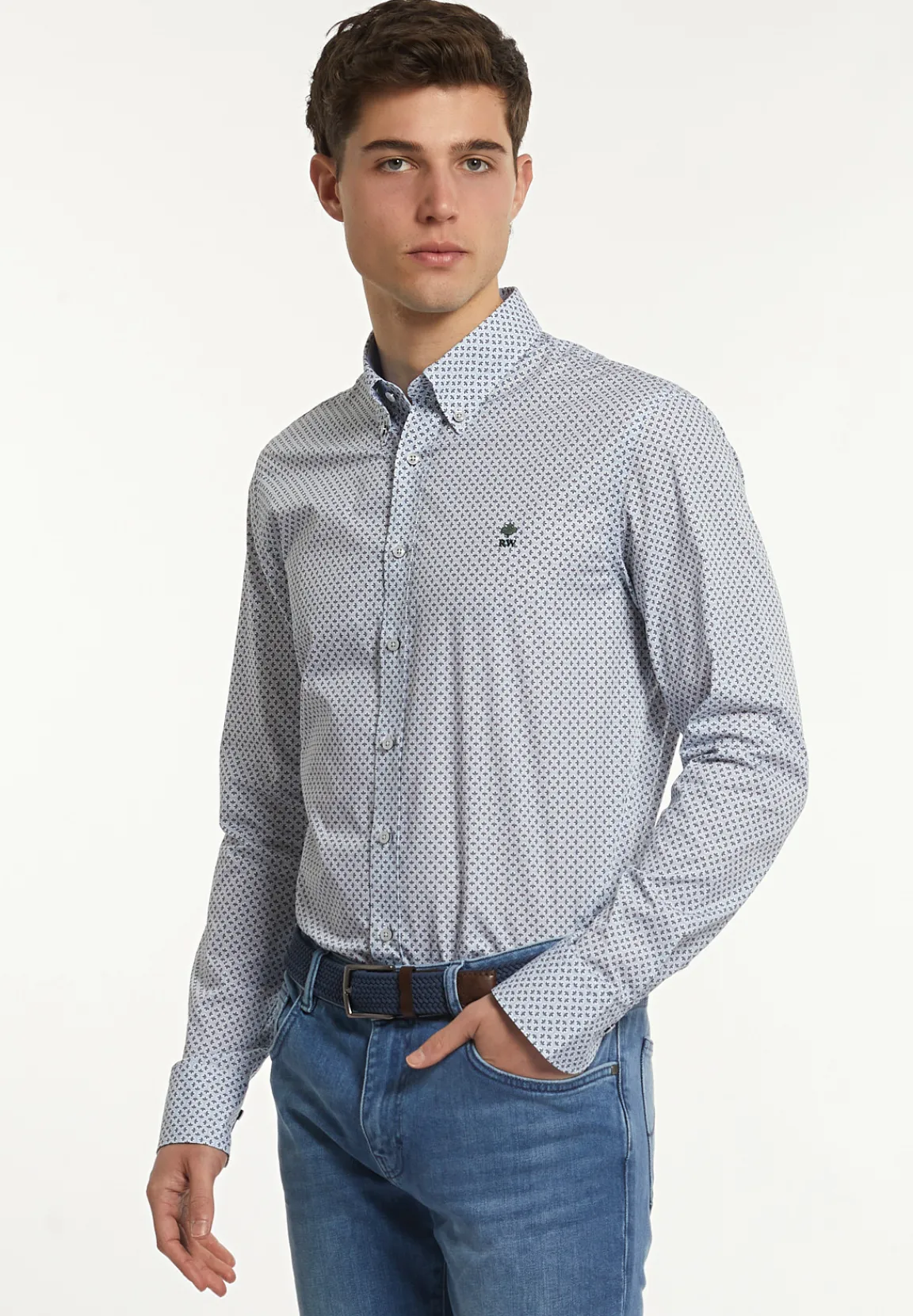 Fashion River Woods Slim fit katoenen fantasiehemd blauw/wit -
