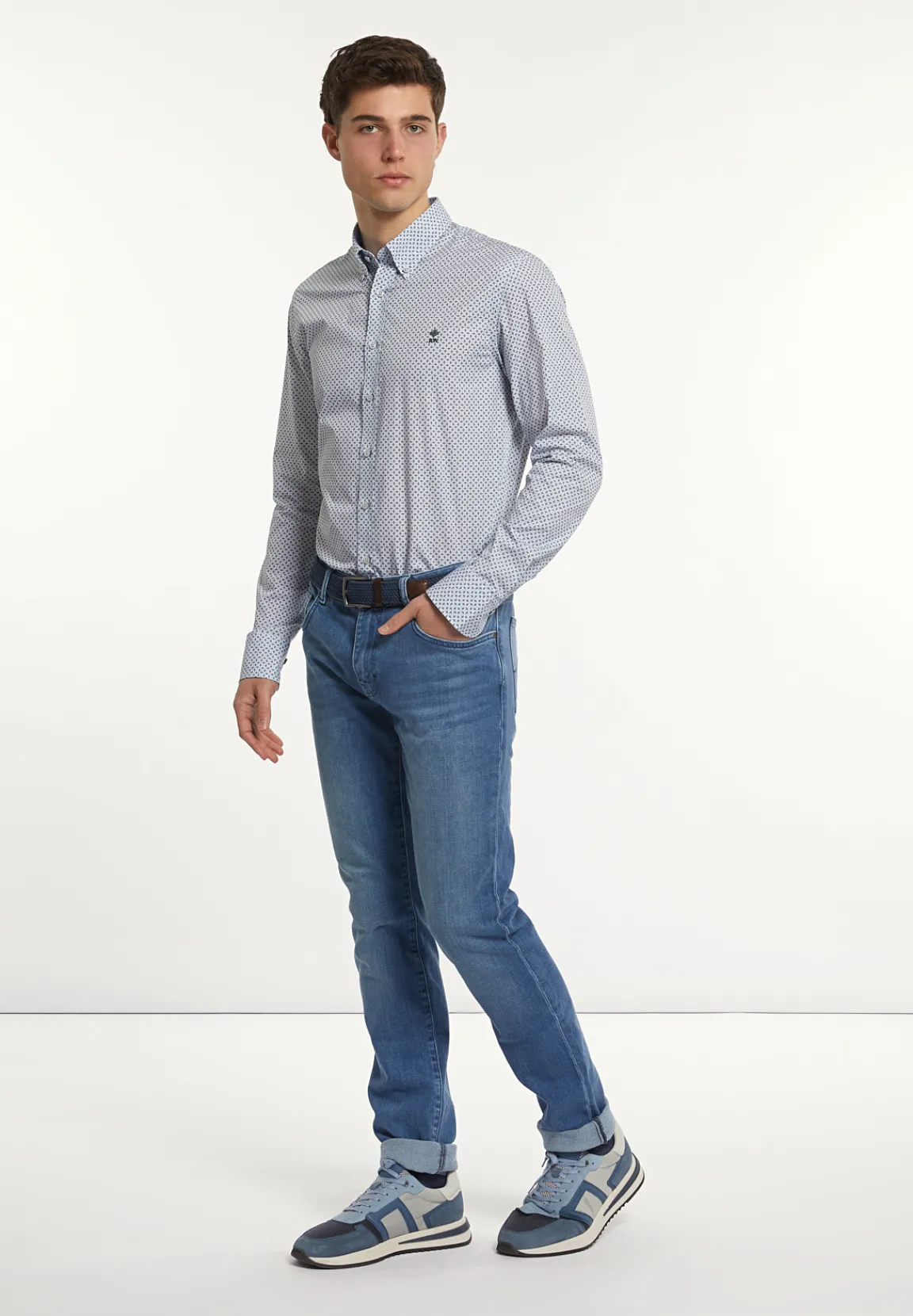 Fashion River Woods Slim fit katoenen fantasiehemd blauw/wit -