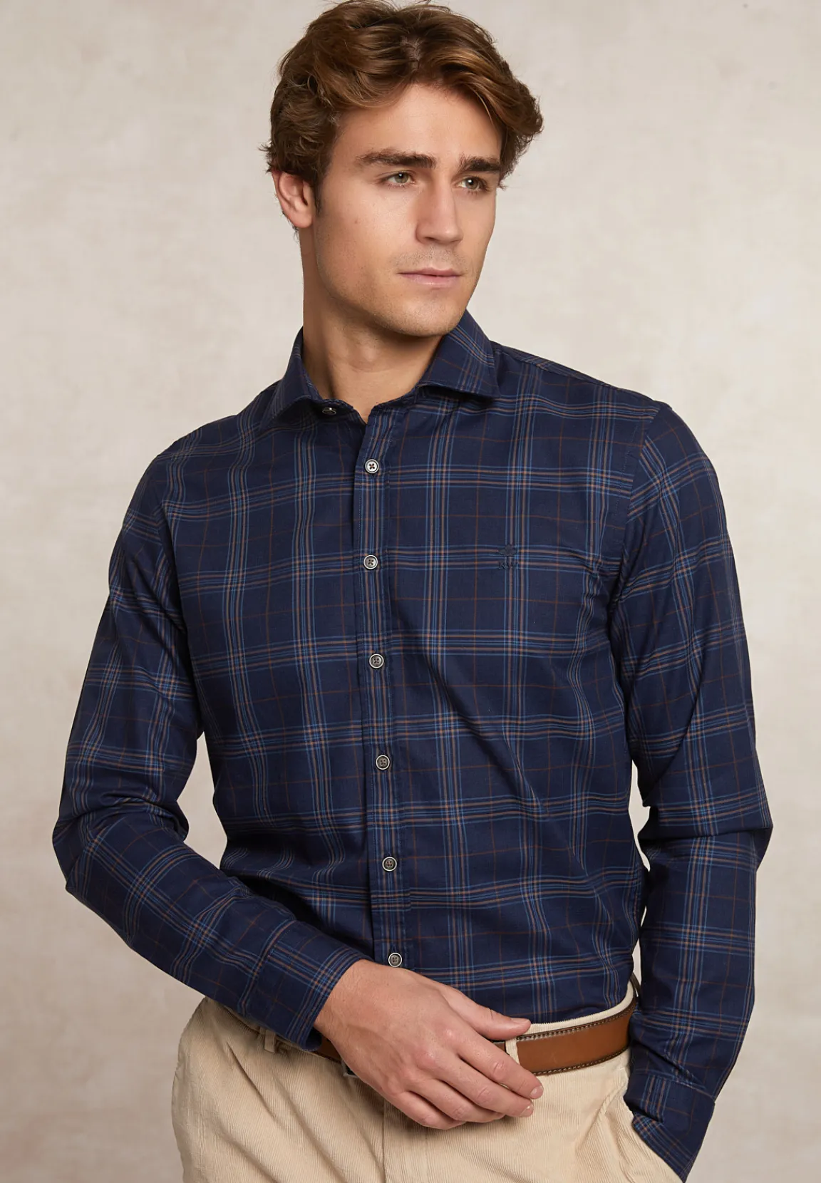Outlet River Woods Slim fit katoenen geruit hemd blauw/bruin -