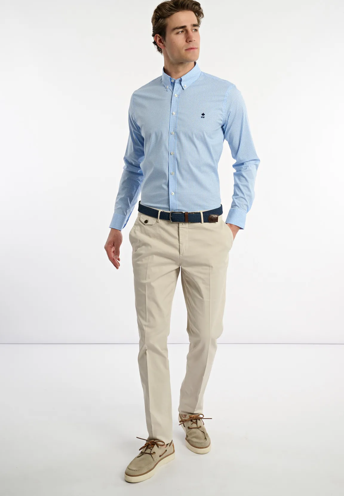 New River Woods Slim fit katoenen geruit performance stretch hemd blauw/wit -