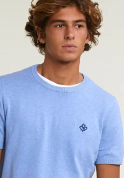 Hot River Woods Slim fit katoenen trui ronde hals korte mouwen chambray mix -