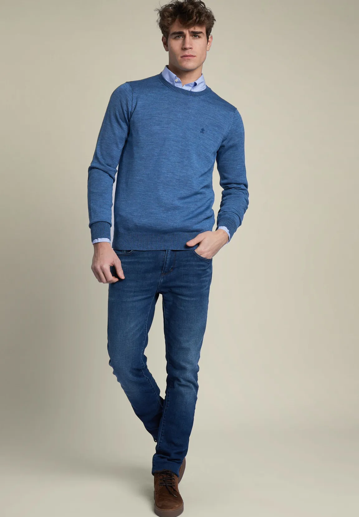 Best River Woods Slim fit trui ronde hals blauw -