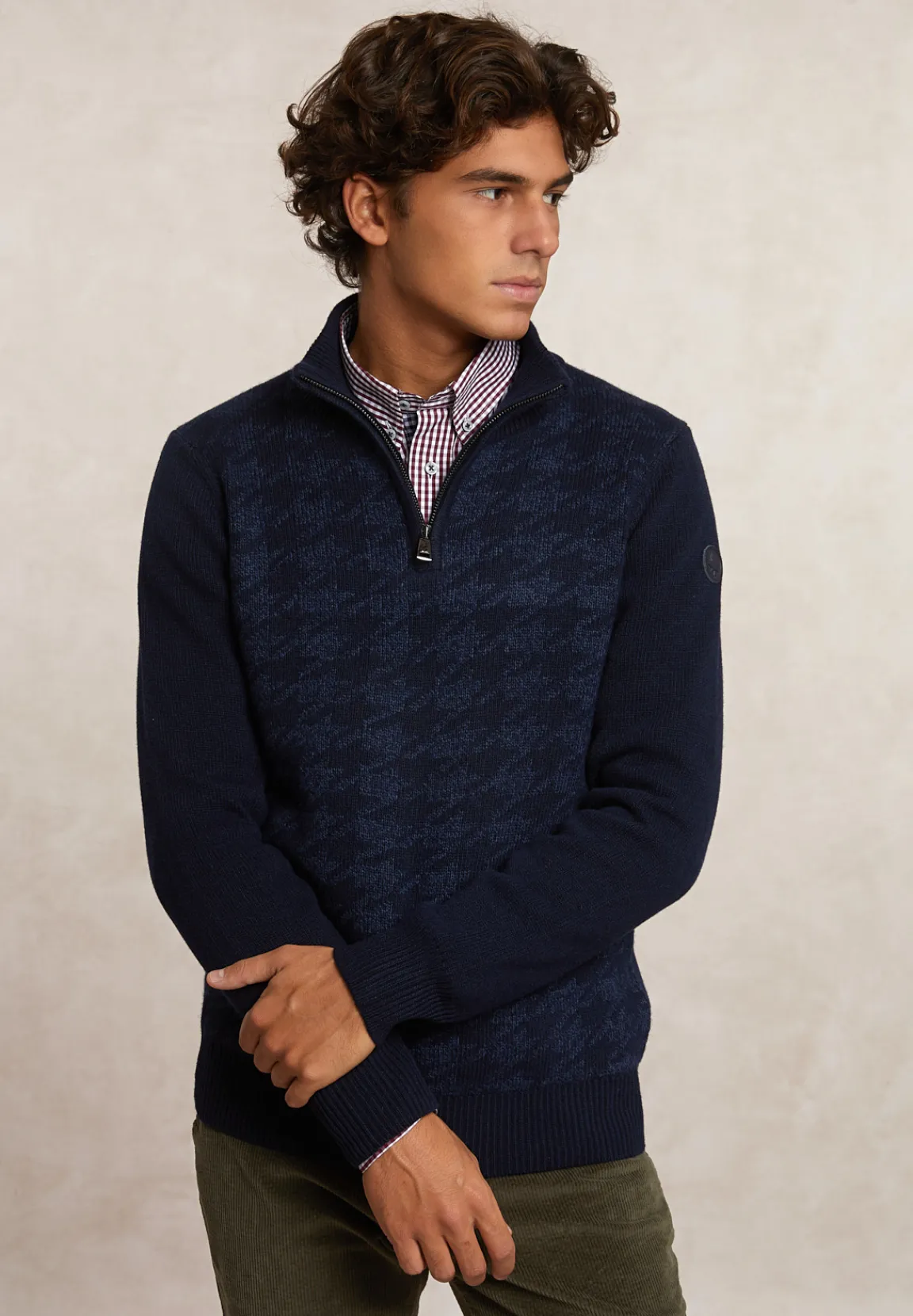Best River Woods Slim fit wol-kasjmier trui opstaande kraag navy/moonlight mou -
