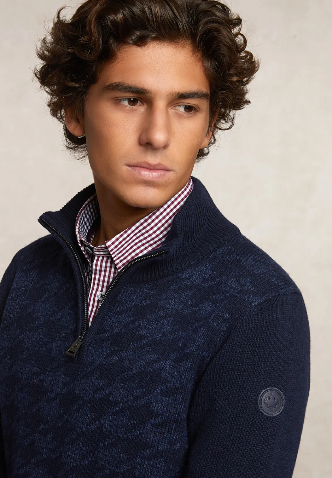 Best River Woods Slim fit wol-kasjmier trui opstaande kraag navy/moonlight mou -