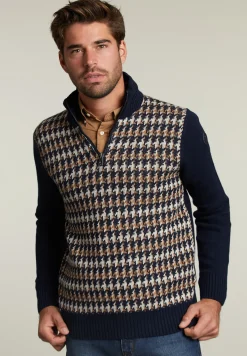 New River Woods Slim fit wollen trui navy/caramel mix -