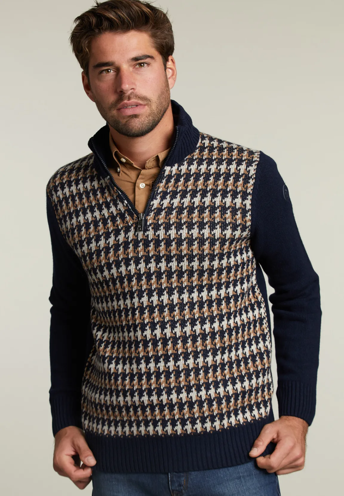 New River Woods Slim fit wollen trui navy/caramel mix -