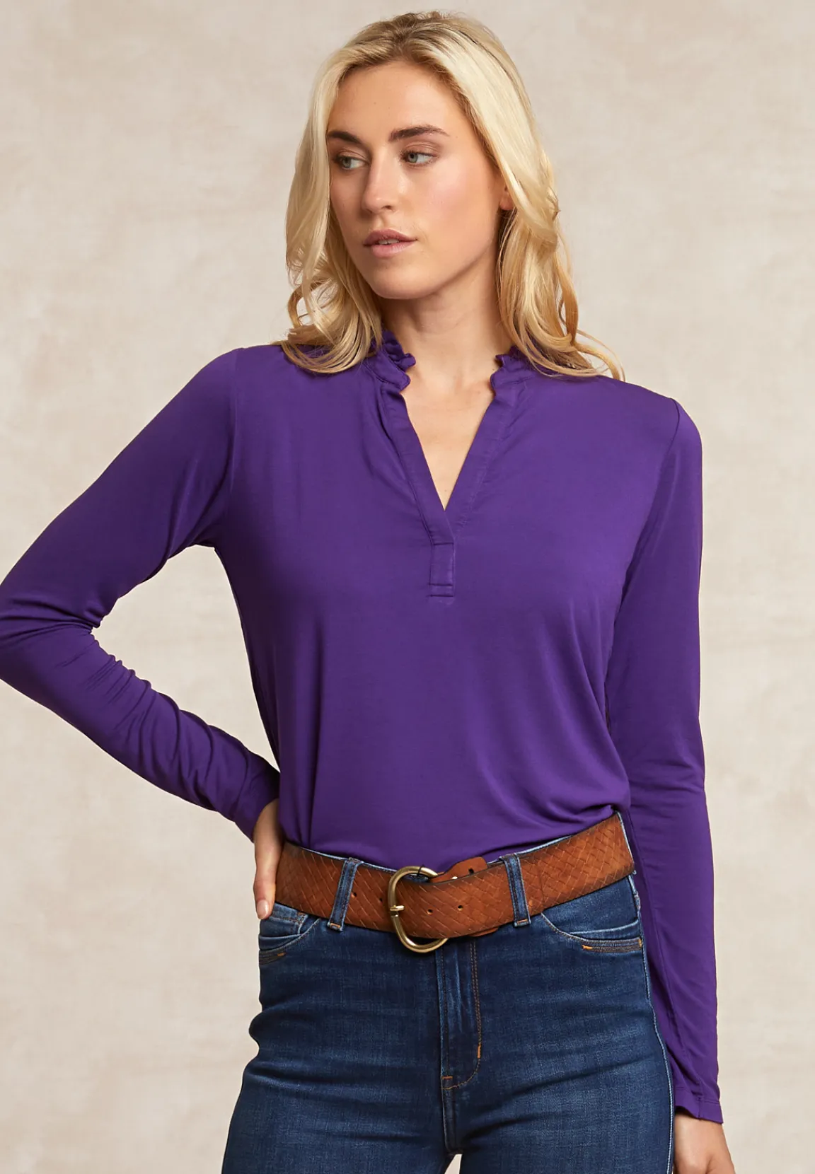 Best River Woods Viscose T-shirt ruffelkraag paars -