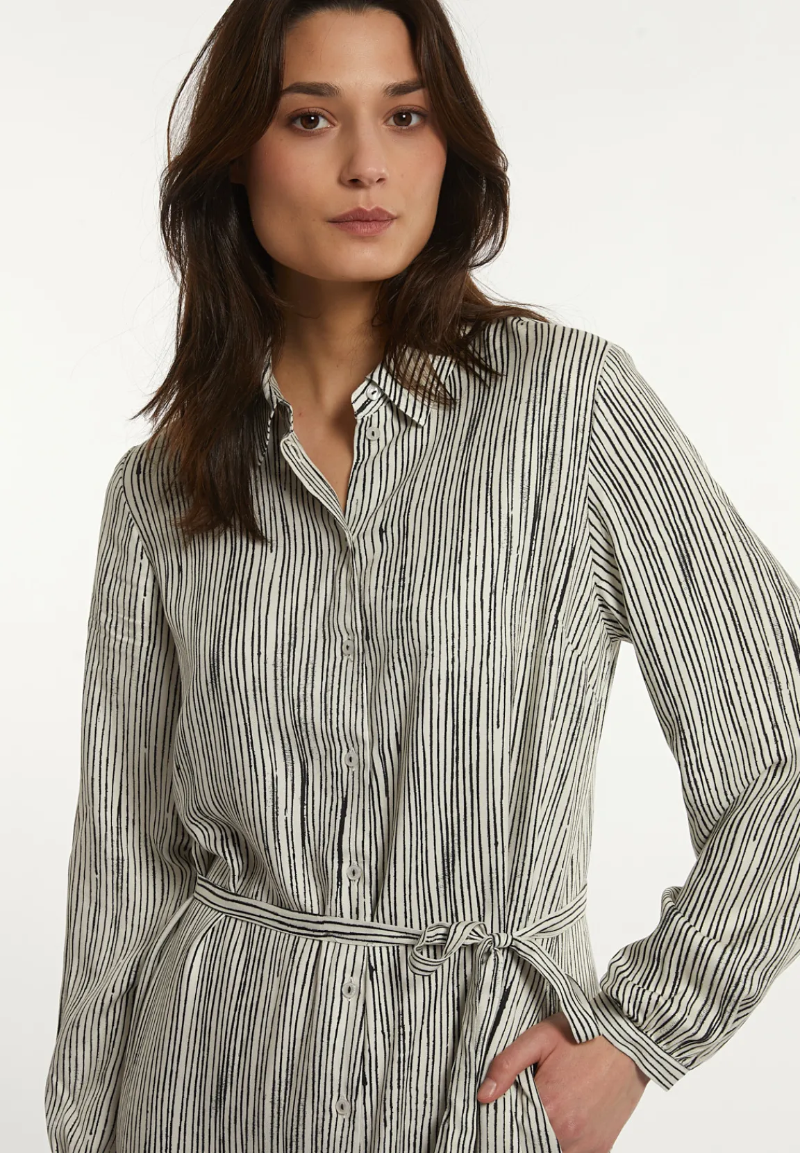 New River Woods Wijde gestreepte jurk met riem zwart/wit -