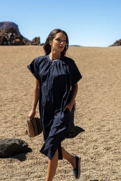Discount River Woods Wijde jurk met riem korte mouwen navy -