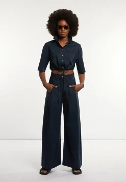 Fashion River Woods Wijde popeline broek hoge taille navy -