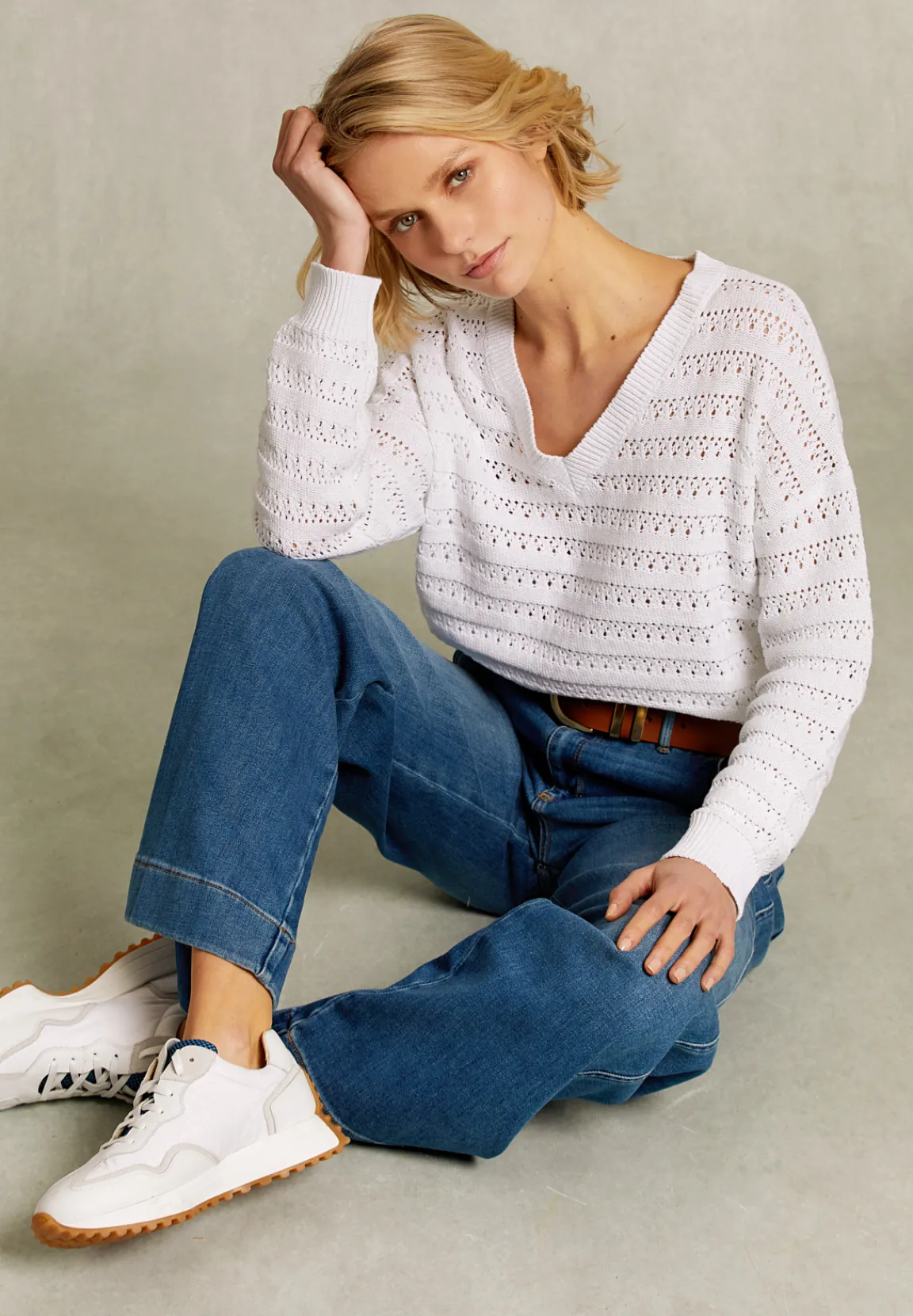 Fashion River Woods Witte ajour V-hals trui -