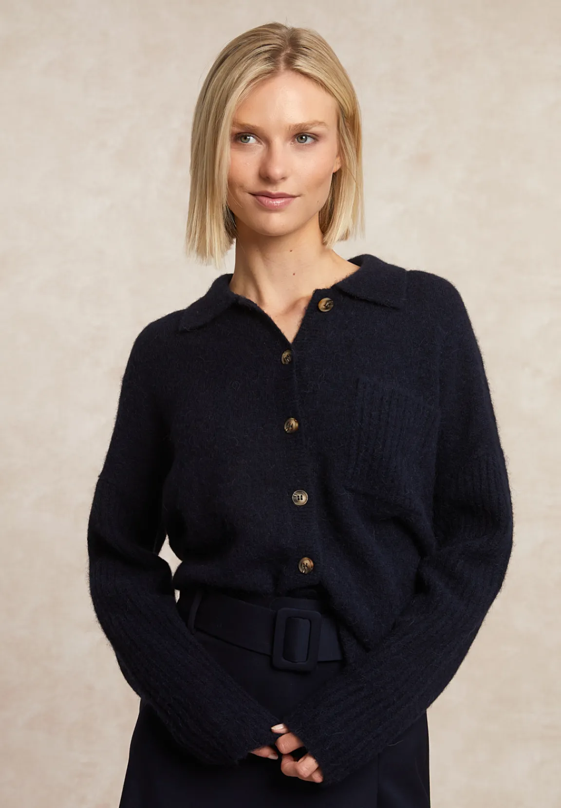 Hot River Woods Wol-alpaca cardigan borstzak navy -