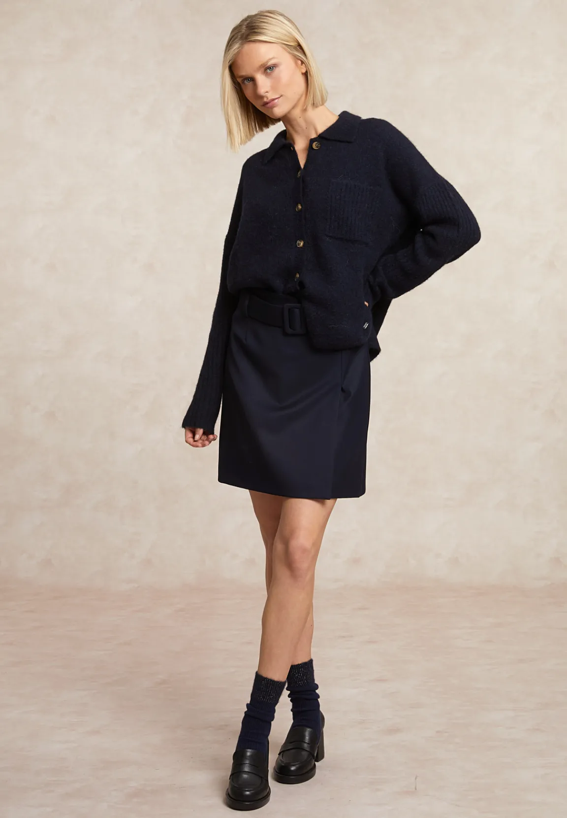 Hot River Woods Wol-alpaca cardigan borstzak navy -